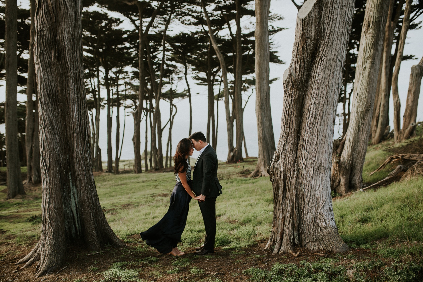 Couple between cypress trees, Sutro Baths.